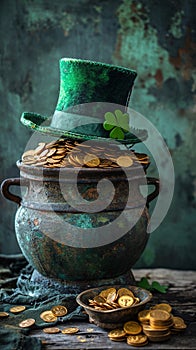 St. Patrick's Day symbols. Leprechaun top hat, shamrock, vintage pot with gold coins. AI Generated