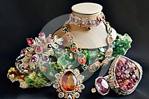 Artistic arrangements of handcrafted jewelry. Various diverse jewelry