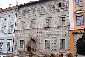 Panorama of ancient historic buildings in the center of town of Kezmarok in Slovakia.