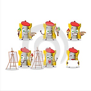 Artistic Artist of yellow pencil sharpener cartoon character painting with a brush