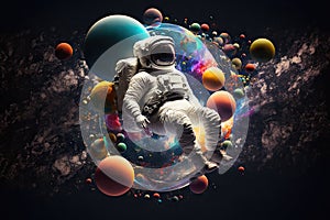 artistic astronaut floating in zero gravity, surrounded by stars and planets photo