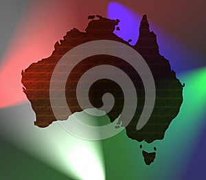 Artistic Australia map, dark fantasy parquet with lights, colors.