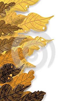 Artistic Autumn tree leaves in fall gold grey brown layered color on left edge of page, for 3D decorative border edge background