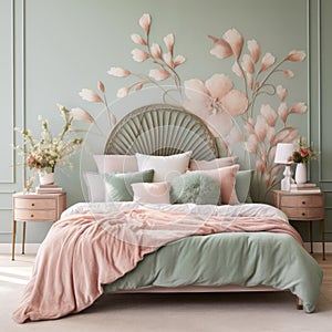 Artistic Bedroom With Green Murals And Flowers In Shabby Chic Style