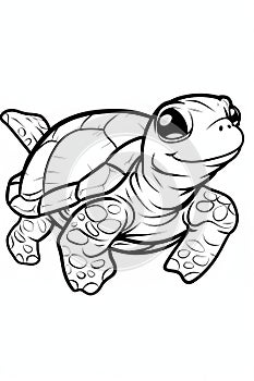 Artistic black and white cartoon illustration of a sea turtle with big eyes. sketch.
