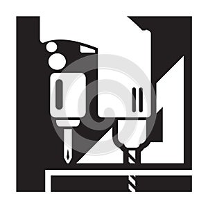 Artistic black and white logo of furniture repair or repair, on which there is a drill, a screwdriver and a square.
