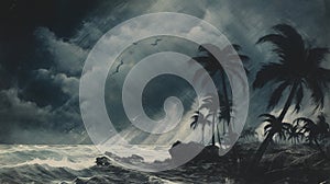 Artistic black and withe painting of a tropical storm on a Caribbean island