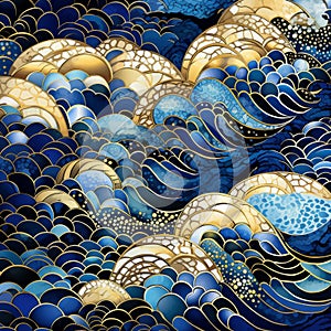 Artistic Blue And Gold Sea And Wave Pattern - Fairy Tale Illustration Style