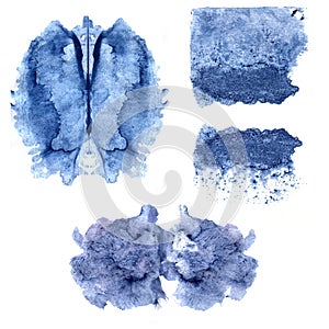 Artistic blue watercolor symmetric stains and textures. Hand painted blots and drops, blobs. Design elements for creative books