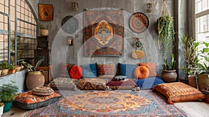 bohemian home decor, artistic bohemian living space with colorful tapestries, comfy cushions, and green plants for a photo