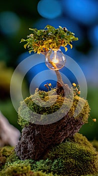 Artistic bonsai tree with a glowing light bulb symbolizing creativity and innovation in nature
