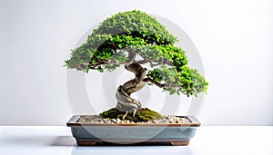 Artistic Bonsai Tree with Textured Trunk in Rectangular Pot on White Background