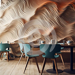 An artistic cafe interior with 3D wave-patterned walls