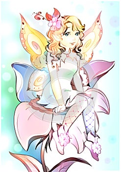 Flower fairy sitting on a flower artistic color illustration