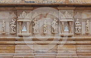 Artistic carving on red and white stone, shankheshwar parshwanath, jain temple, gujrat, India