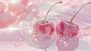 Artistic Cherries in Pink Sparkling Water Wallpaper, generative ai