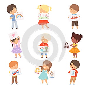 Artistic Children Showing Paper with Different Pictures Vector Set photo