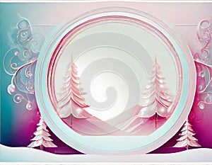 Artistic christmas themed frame featuring serene snow-covered trees and festive ornaments