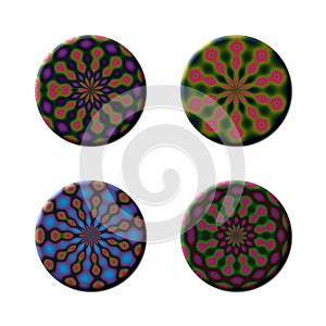 Artistic circular buttons with pink, green and blue patterns