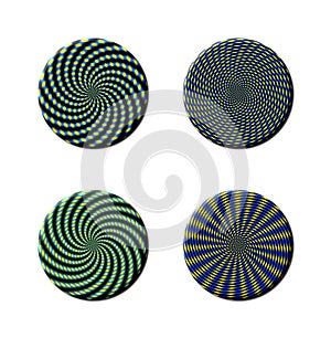 Artistic circular buttons with yellow and blue spiral patterns