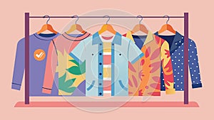 An artistic clothing rack featuring handpainted denim jackets tiedye tees and patchwork skirts.. Vector illustration. photo