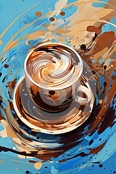 Artistic Coffee Cup with Dynamic Blue and Orange Swirls on Abstract Background