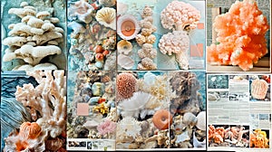 Artistic collage displaying an array of corals and seashells, highlighting the varied textures and forms found under the sea
