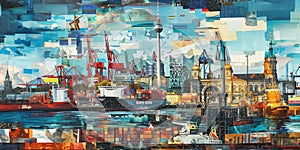 Artistic collage showcasing the diverse sights of Hamburg, Germany, with a colorful mix of architecture, ships, and port