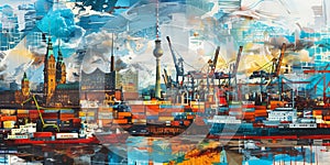 Artistic collage showcasing the diverse sights of Hamburg, Germany, with a colorful mix of architecture, ships, and port