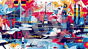 Artistic collage showcasing the diverse sights of Hamburg, Germany, with a colorful mix of architecture, ships, and port