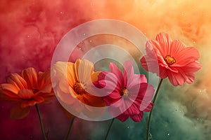 Artistic composition of colorful cosmos flowers against a dreamy watercolor backdrop