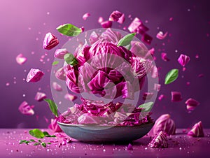 Artistic Composition of Magenta Rose Petals Shattering over Purple Background with Floating Leaves