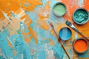 Artistic composition of open paint cans and brushes with splashes of vivid orange and blue, great for creative arts and