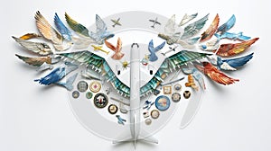 Artistic composition with a plane and various bird wings spread out, surrounded by travel and air force insignia