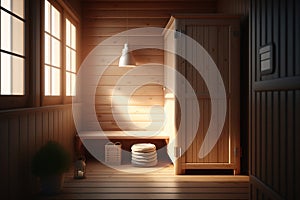 Artistic concept of a beautiful sauna interior, warm light, Generative AI