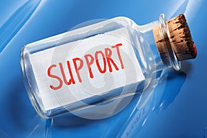 An artistic concept of a message in a bottle saying support on blue waves