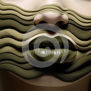 Artistic Concept Photography: Green Lips And Abstract Patterns In Extruded Design