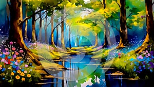 An artistic concept sketch for a studio painting of a river with trees and flowers in a landscape setting