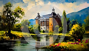 An artistic concept sketch for a studio painting of a river with trees and a stately house photo