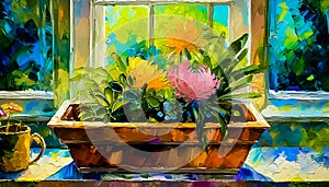 An artistic concept sketch for a studio painting of a window sill with a pot of colourful flowers