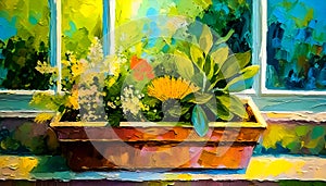 An artistic concept sketch for a studio painting of a window sill with a pot of colourful flowers