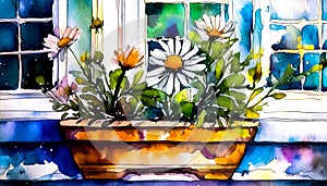 An artistic concept sketch for a studio painting of a window sill with a pot of colourful flowers