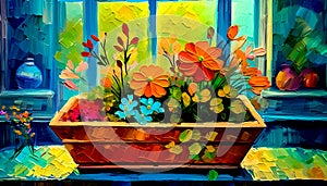 An artistic concept sketch for a studio painting of a window sill with a pot of colourful flowers