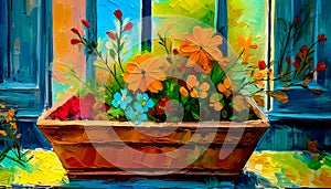 An artistic concept sketch for a studio painting of a window sill with a pot of colourful flowers