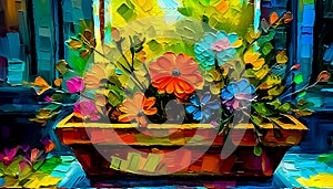 An artistic concept sketch for a studio painting of a window sill with a pot of colourful flowers