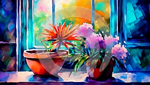 An artistic concept sketch for a studio painting of a window sill with pots of colourful flowers