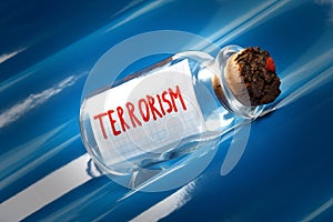 An artistic concept of a vintage bottle with a cork saying terrorism