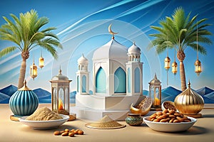 Festive Islamic mosque scene with lanterns, dates, and spices on a sandy background under a blue sky