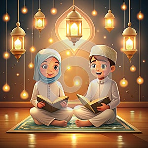 Two children reading holy book, illuminated by lanterns
