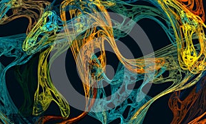 Artistic creative digital 3d abstraction of colorful tangled fibers, viscous adhesive gluey matter in orange, yellow, turquoise. photo
